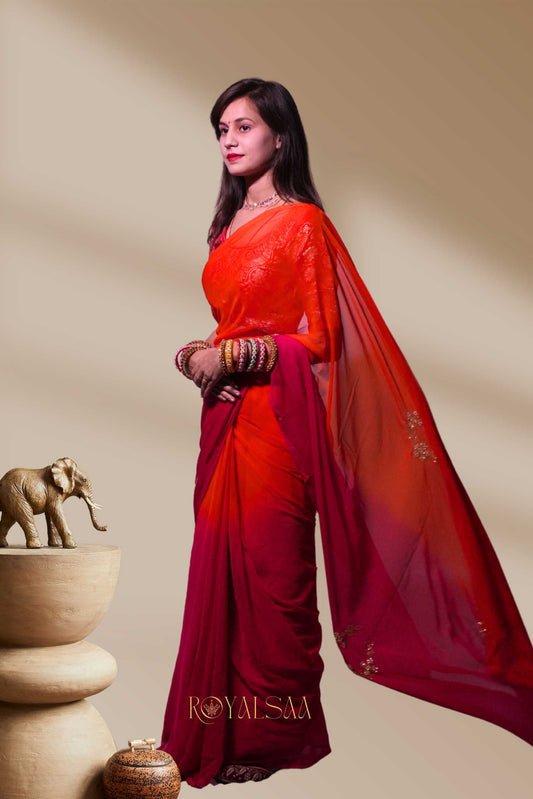 Kadana & Moti Saree – Handcrafted Pink & Orange