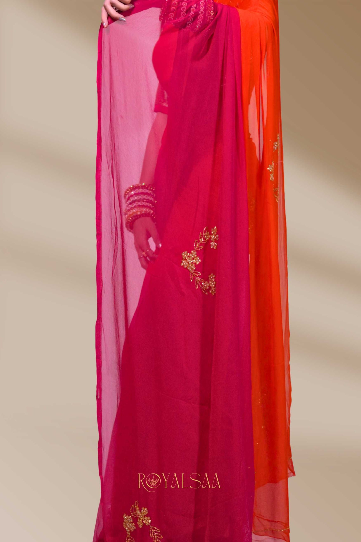 Kadana & Moti Saree – Handcrafted Pink & Orange