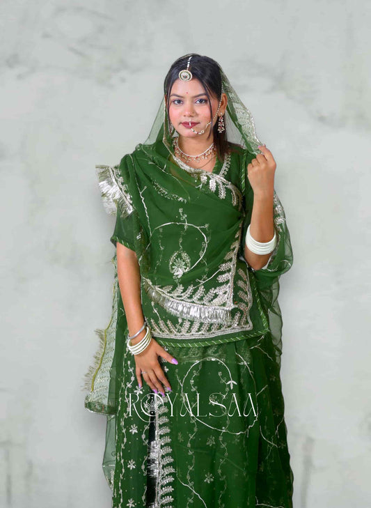 Olive Green Chiffon Rajputi Poshak – Zari & Sequins