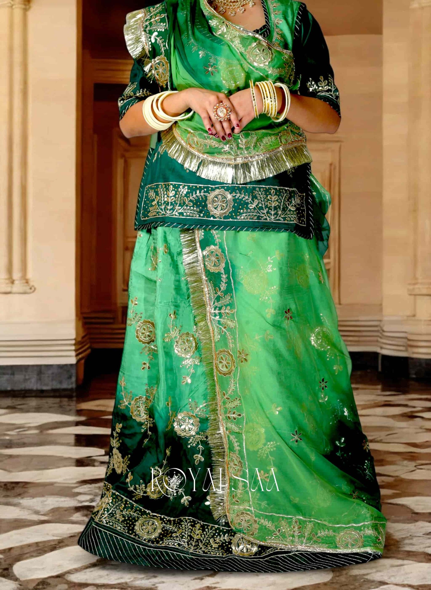 Royal Green Silk Rajputi Poshak – Gota & Kundan