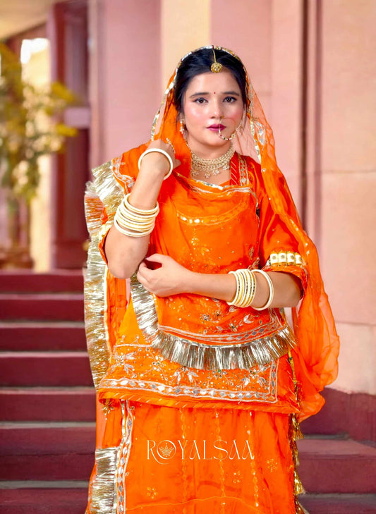 Kesariya Rajputi Poshak – Satin with Zardozi & Gota Stone Work