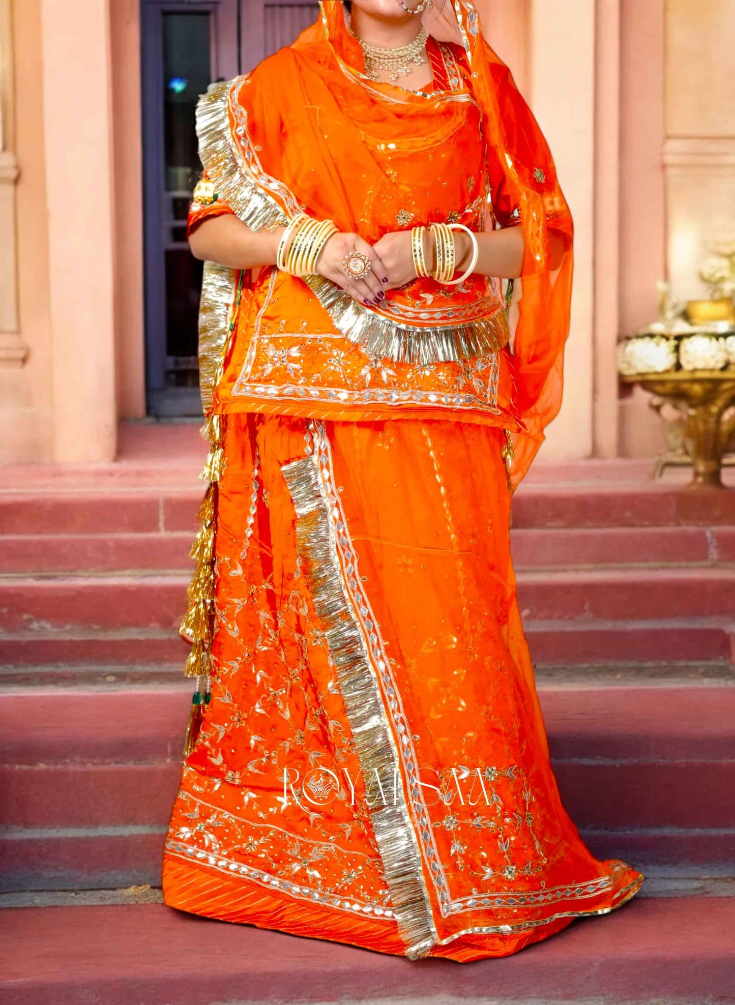 Kesariya Rajputi Poshak – Satin with Zardozi & Gota Stone Work