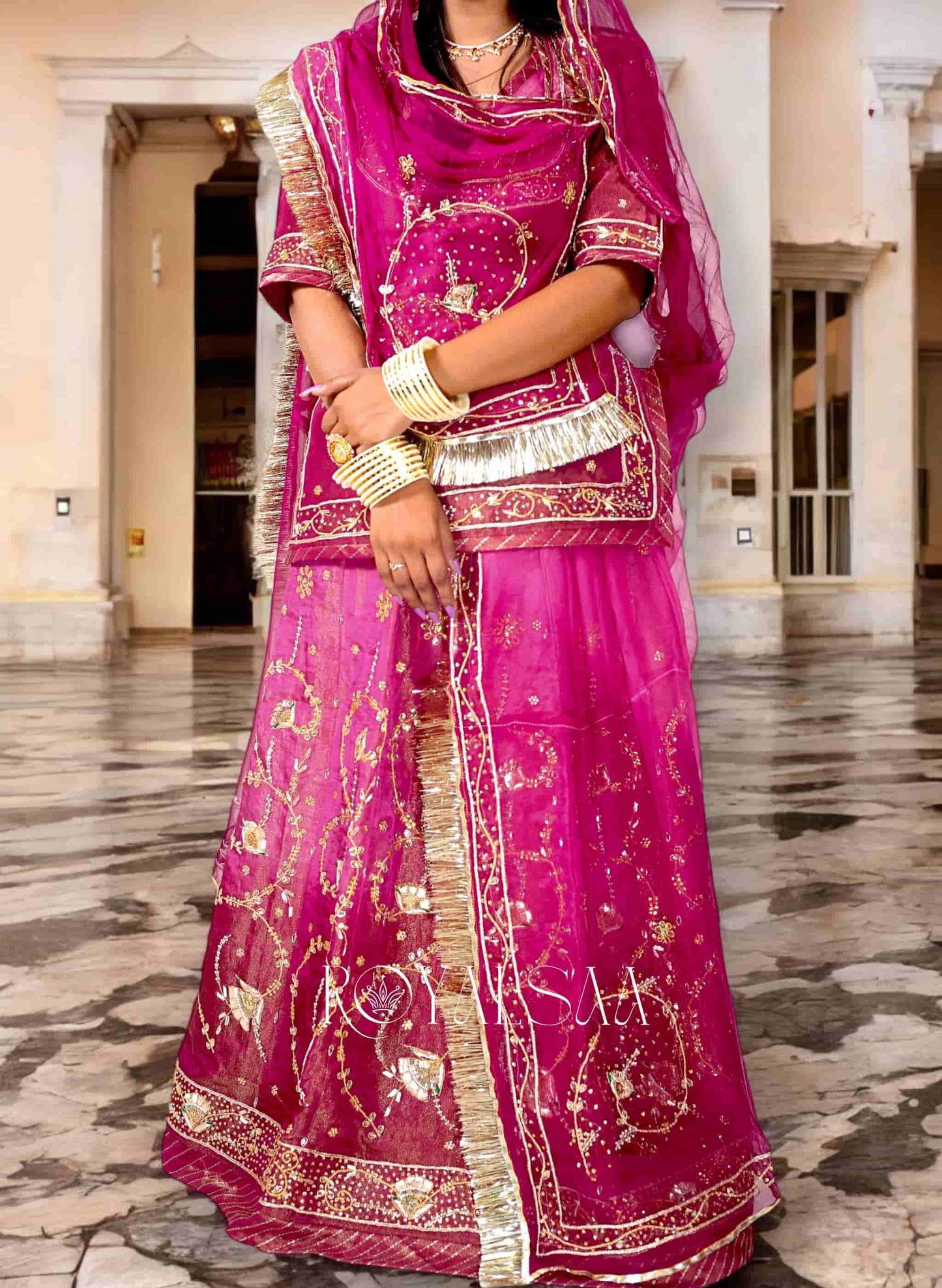 Wine Rajputi Poshak – Tissue with Zardosi, Dabka & Stone Work