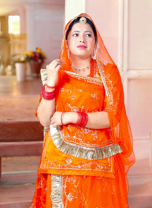 Rust Orange Rajputi Poshak – Bamber Satin with Zardozi Work