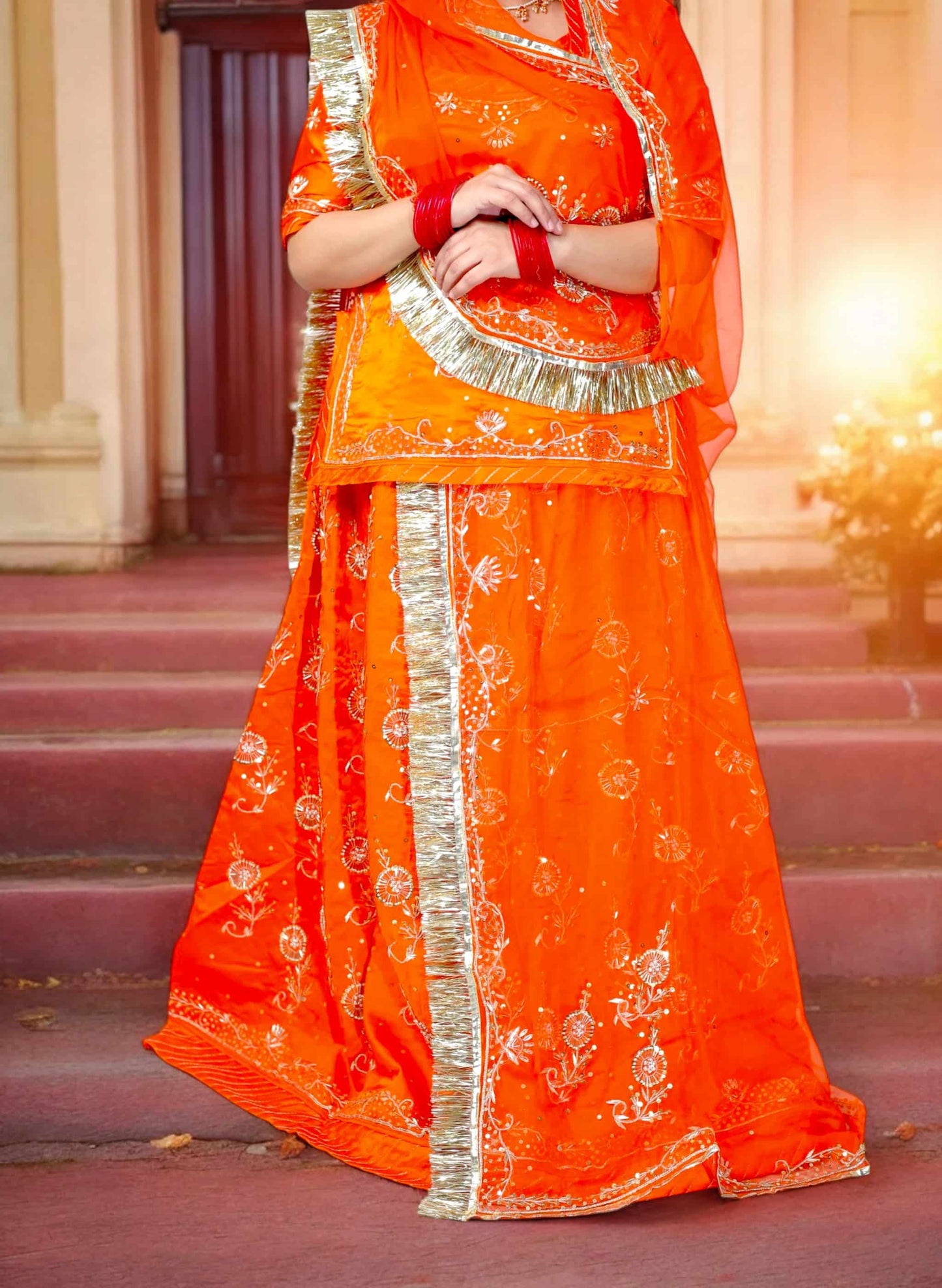 Rust Orange Rajputi Poshak – Bamber Satin with Zardozi Work
