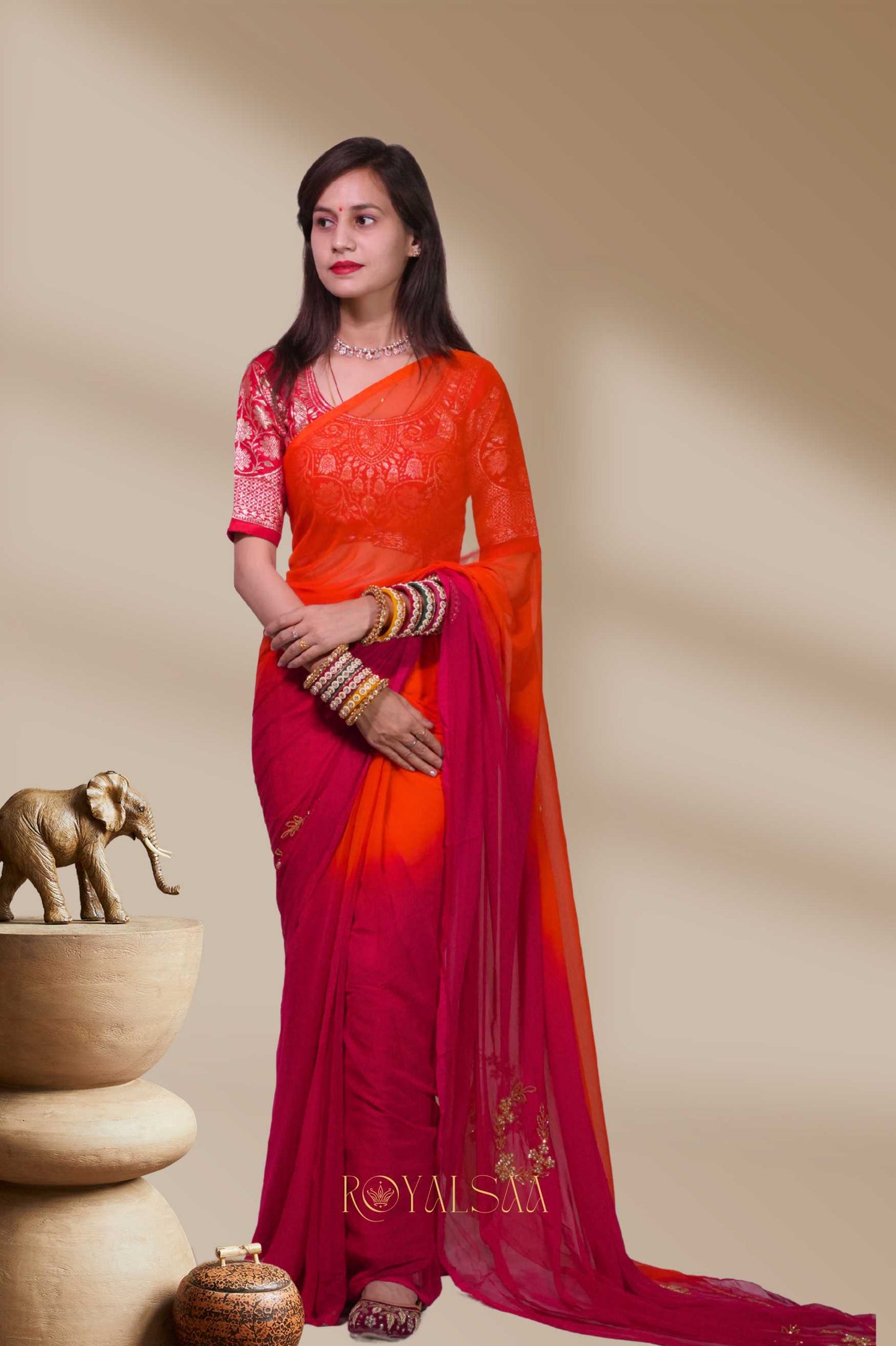 Kadana & Moti Saree – Handcrafted Pink & Orange
