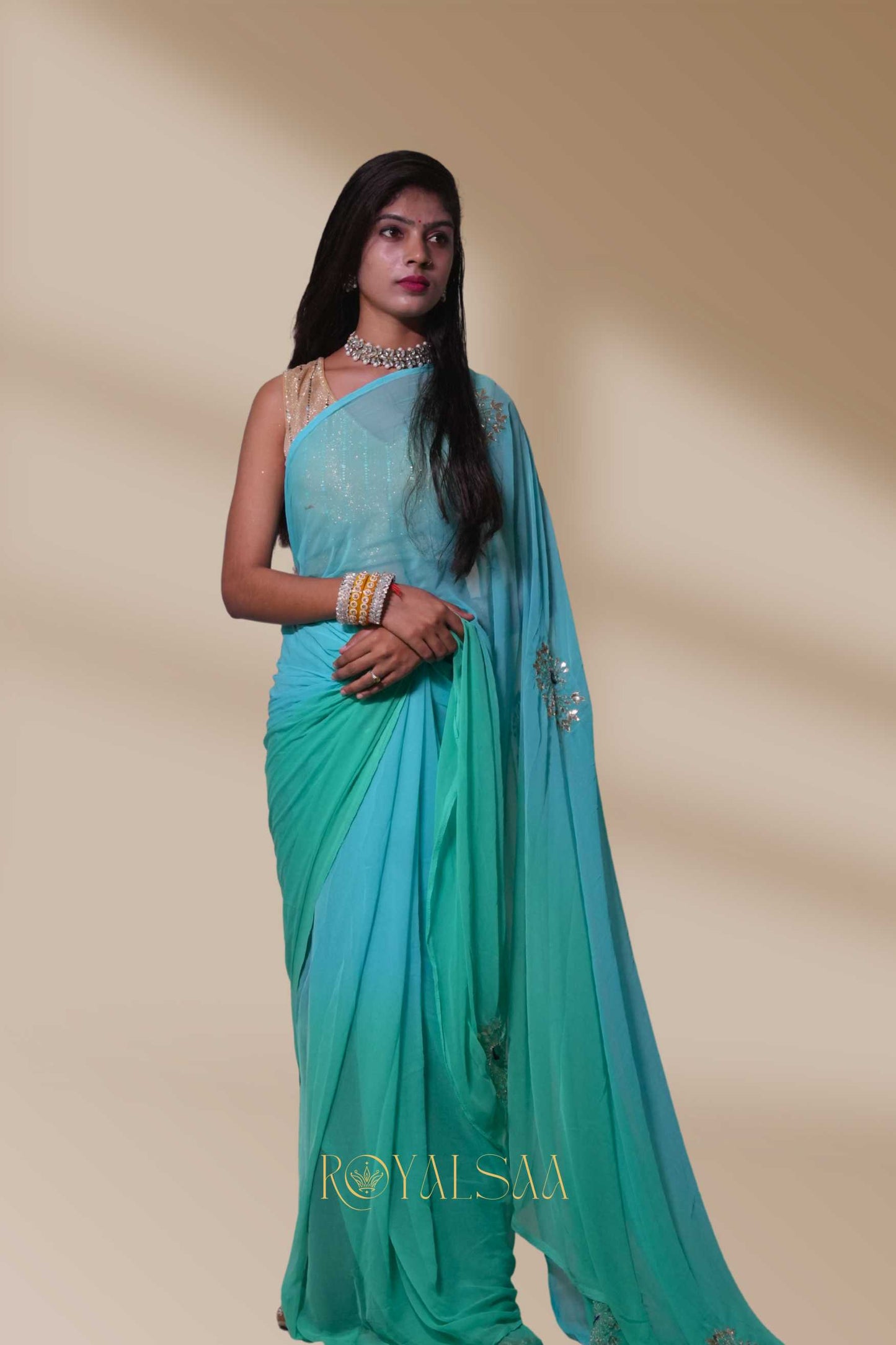 Gota Saree – Handcrafted Serenity with Peacock Detailing