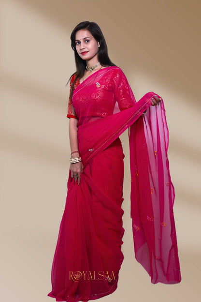 Dark Pink Saree with 30 Handcrafted Buttis – Wedding Special