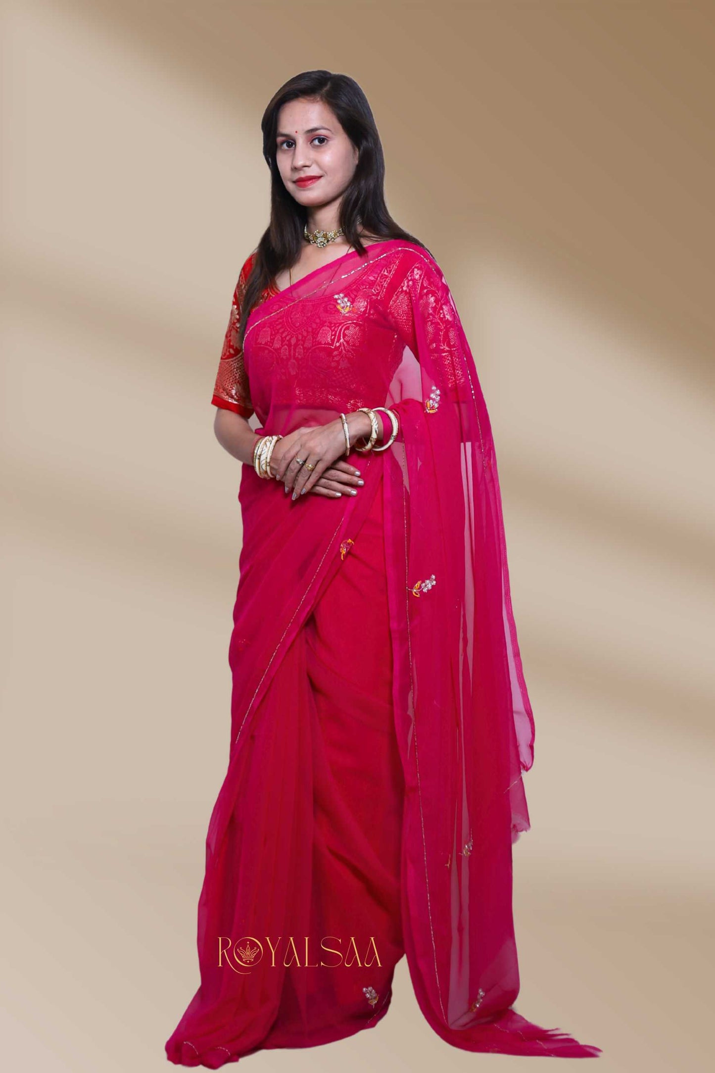 Dark Pink Saree with 30 Handcrafted Buttis – Wedding Special