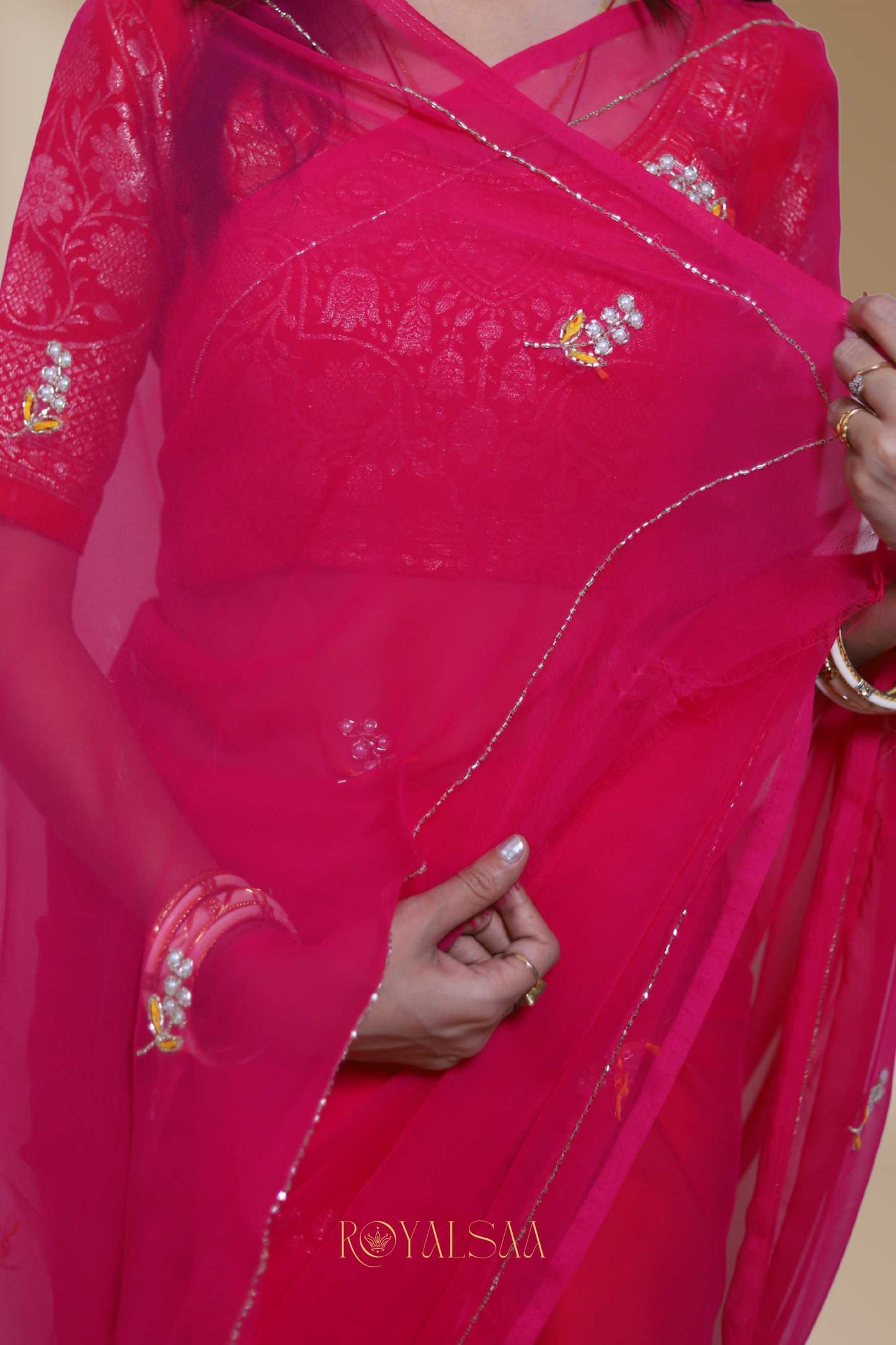 Dark Pink Saree with 30 Handcrafted Buttis – Wedding Special