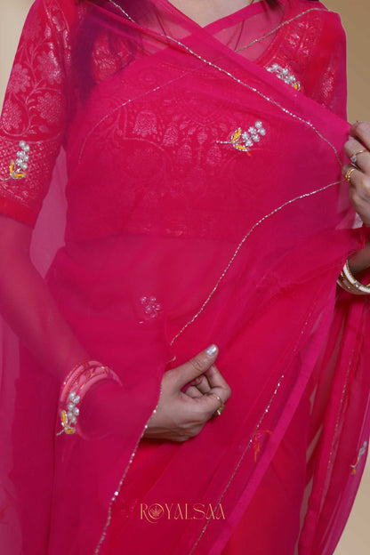 Dark Pink Saree with 30 Handcrafted Buttis – Wedding Special