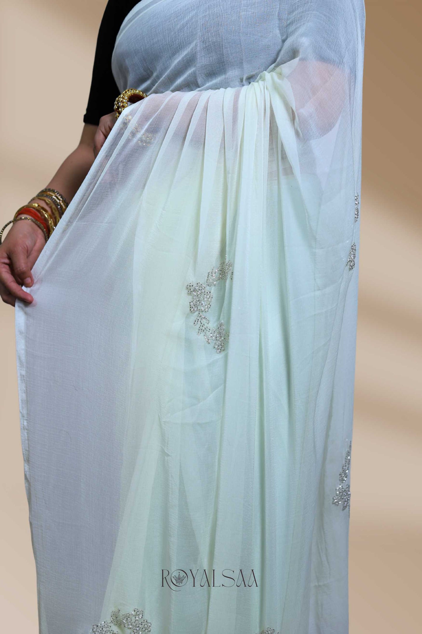 Kadana & Moti Saree – Handcrafted Cream