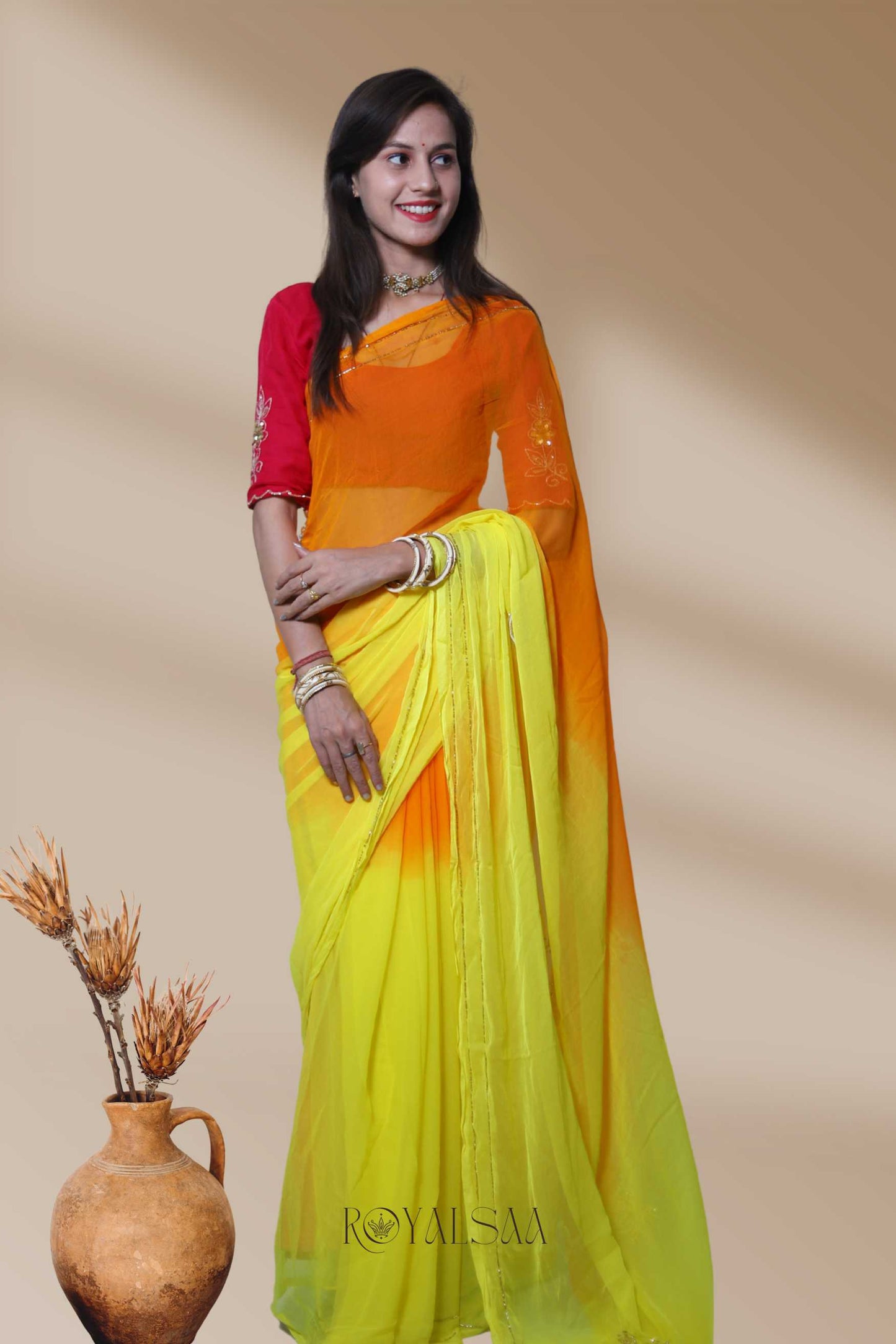 Kadana & Sequence Saree – Handcrafted Lemon Yellow & Orange