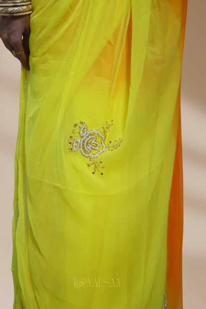 Kadana & Sequence Saree – Handcrafted Lemon Yellow & Orange