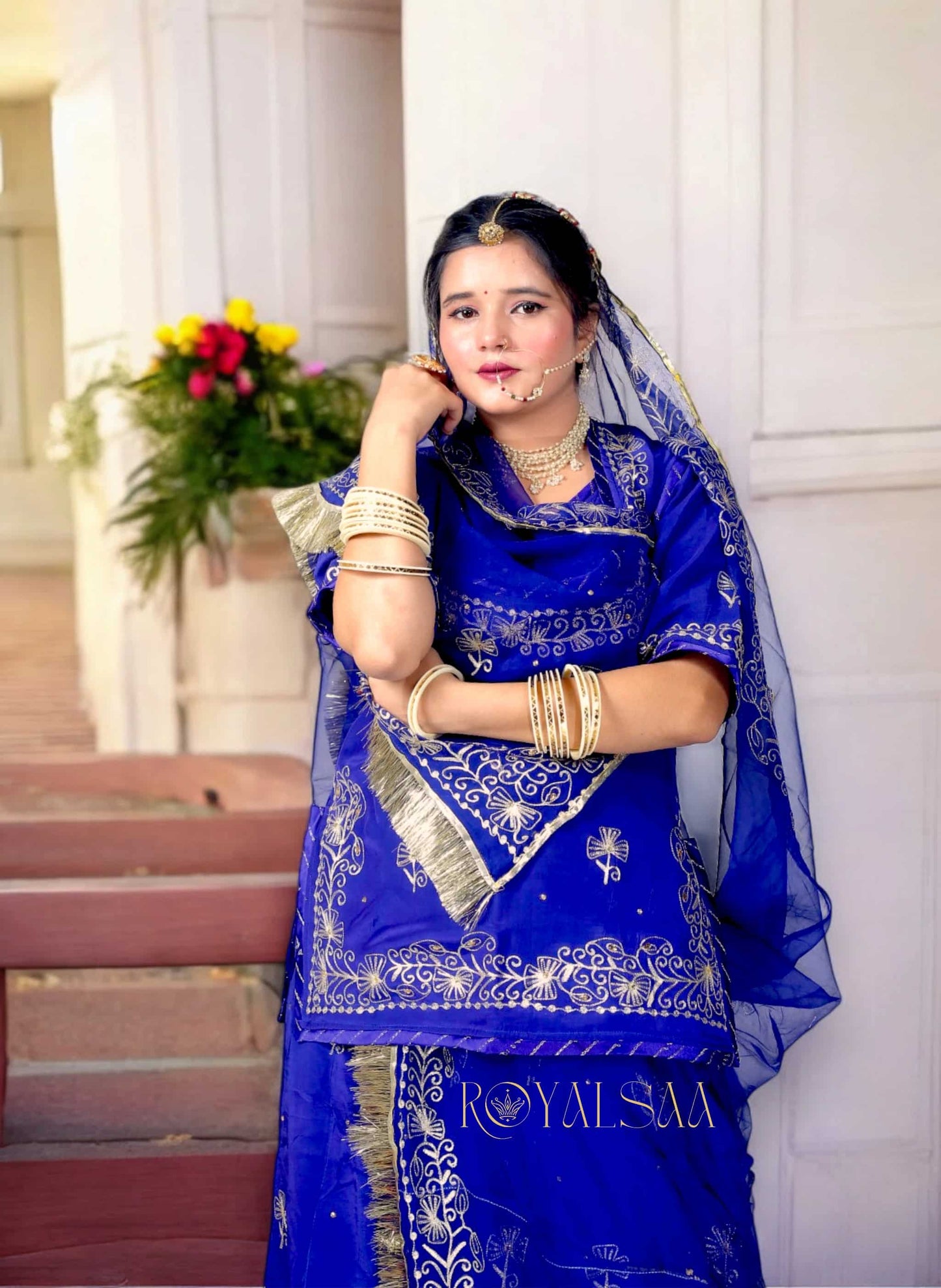 Royal Blue Rajputi Poshak – Silk with Zari & Chain Stitch Stone Work