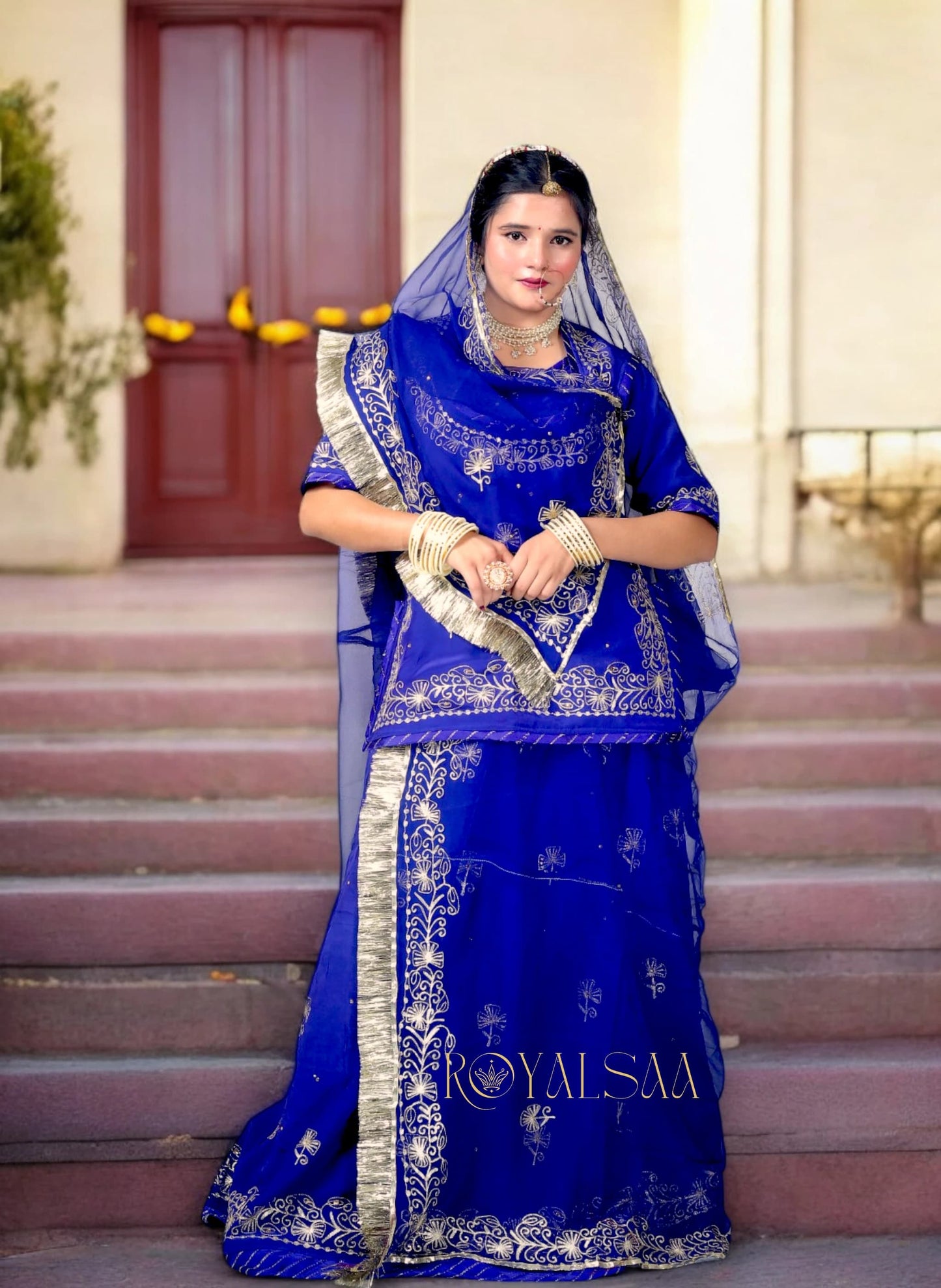 Royal Blue Rajputi Poshak – Silk with Zari & Chain Stitch Stone Work