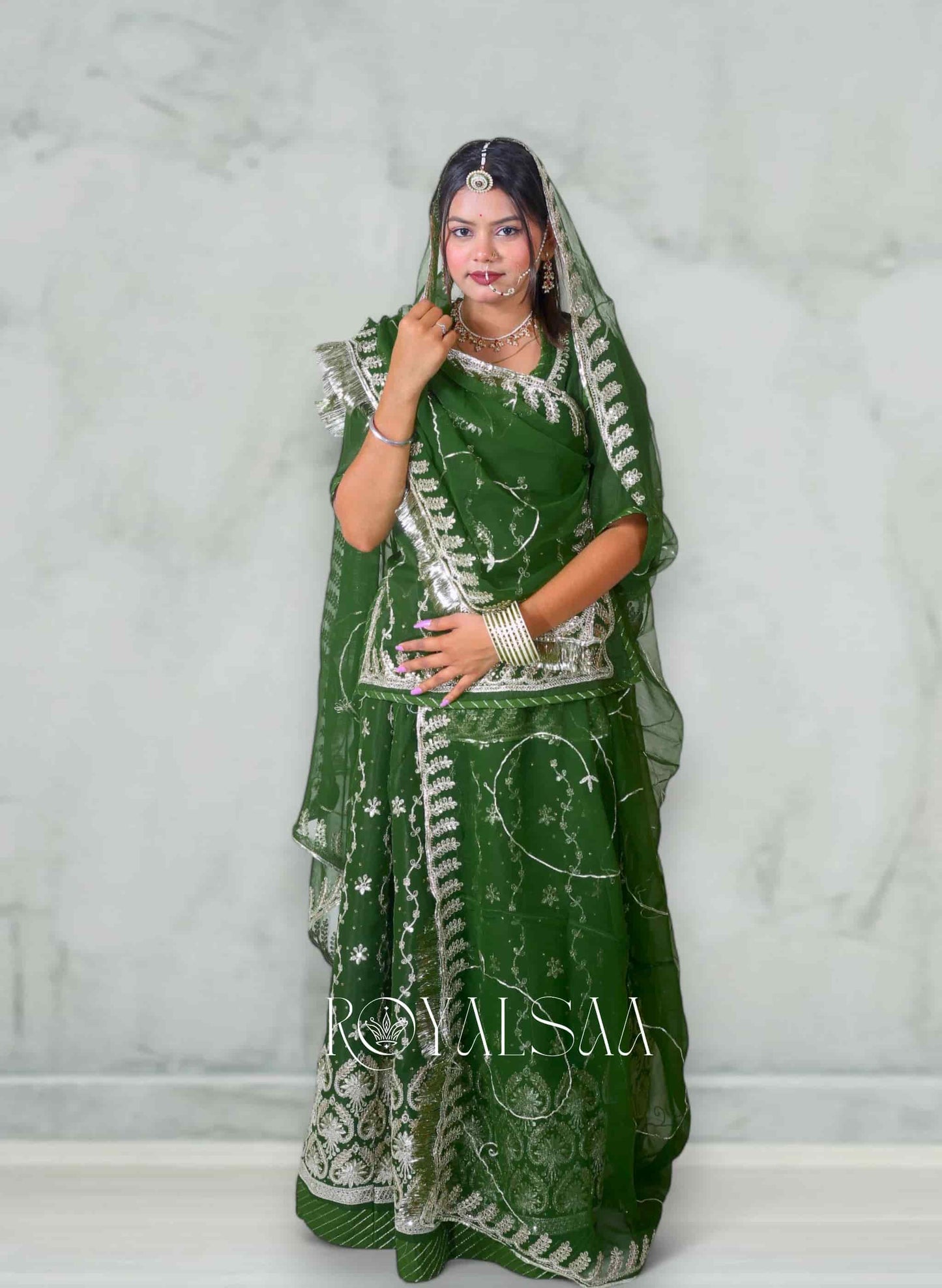 Olive Green Chiffon Rajputi Poshak – Zari & Sequins