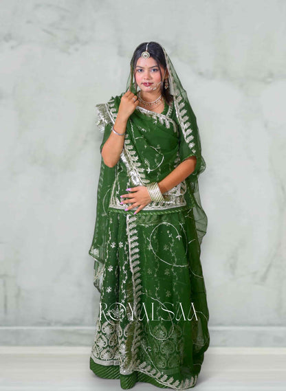 Olive Green Chiffon Rajputi Poshak – Zari & Sequins