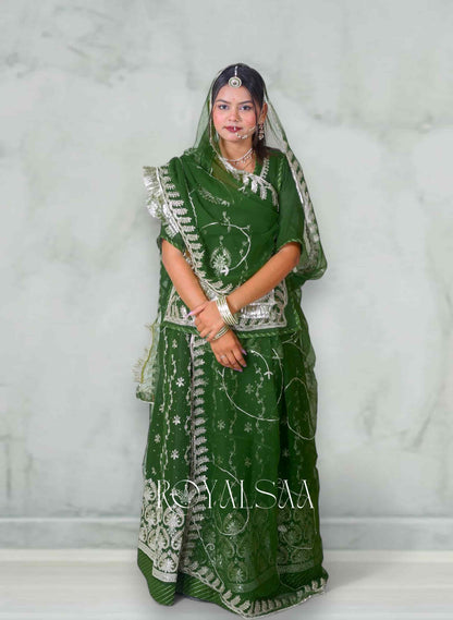 Olive Green Chiffon Rajputi Poshak – Zari & Sequins