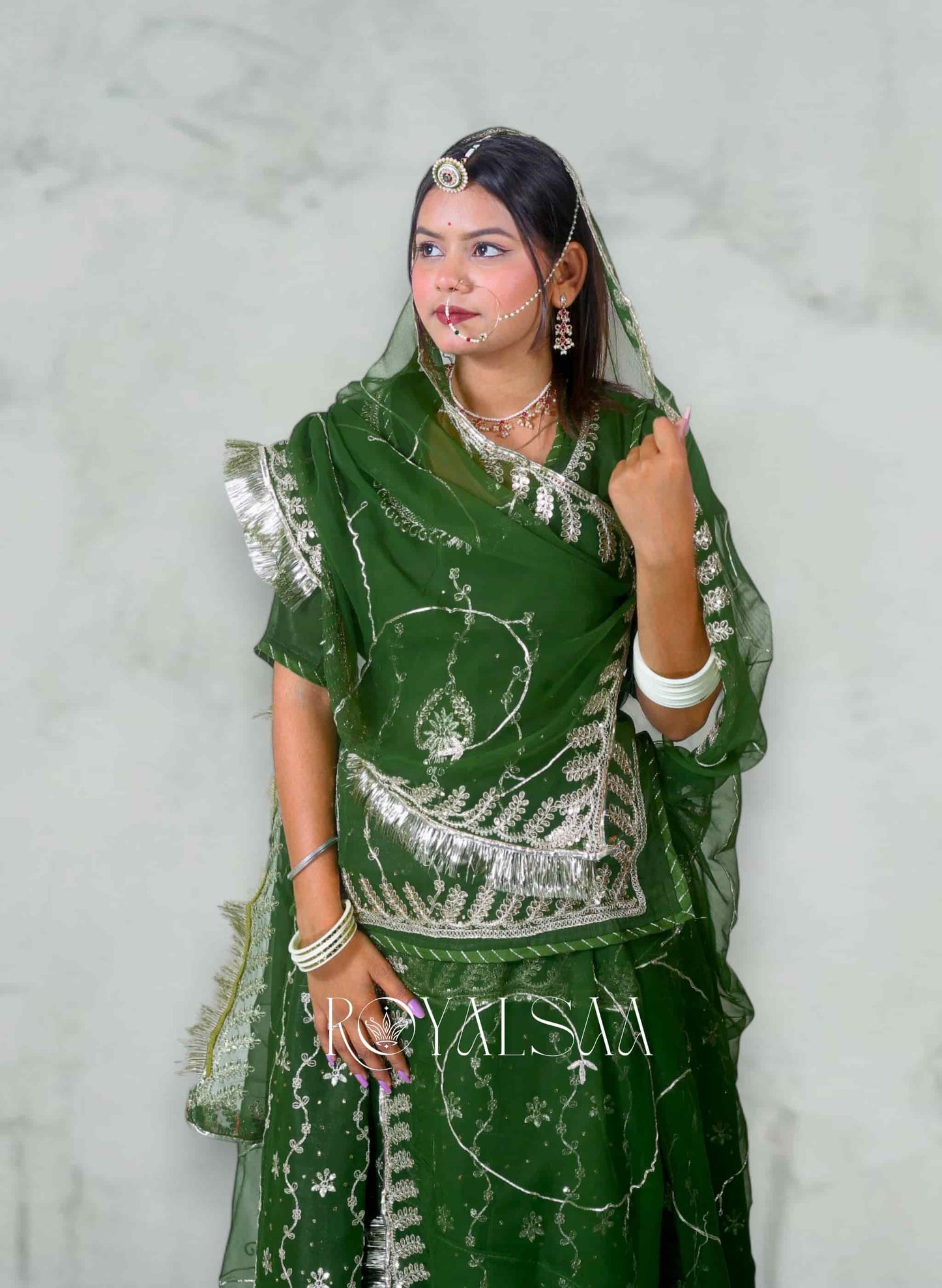 Olive Green Chiffon Rajputi Poshak – Zari & Sequins