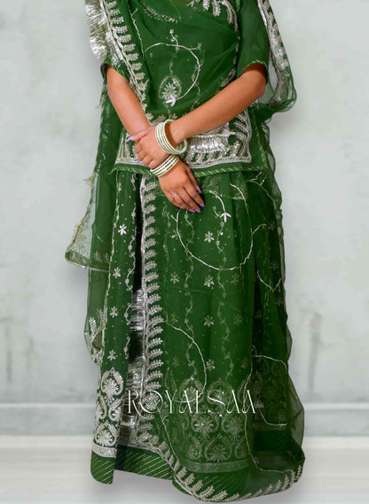Olive Green Chiffon Rajputi Poshak – Zari & Sequins