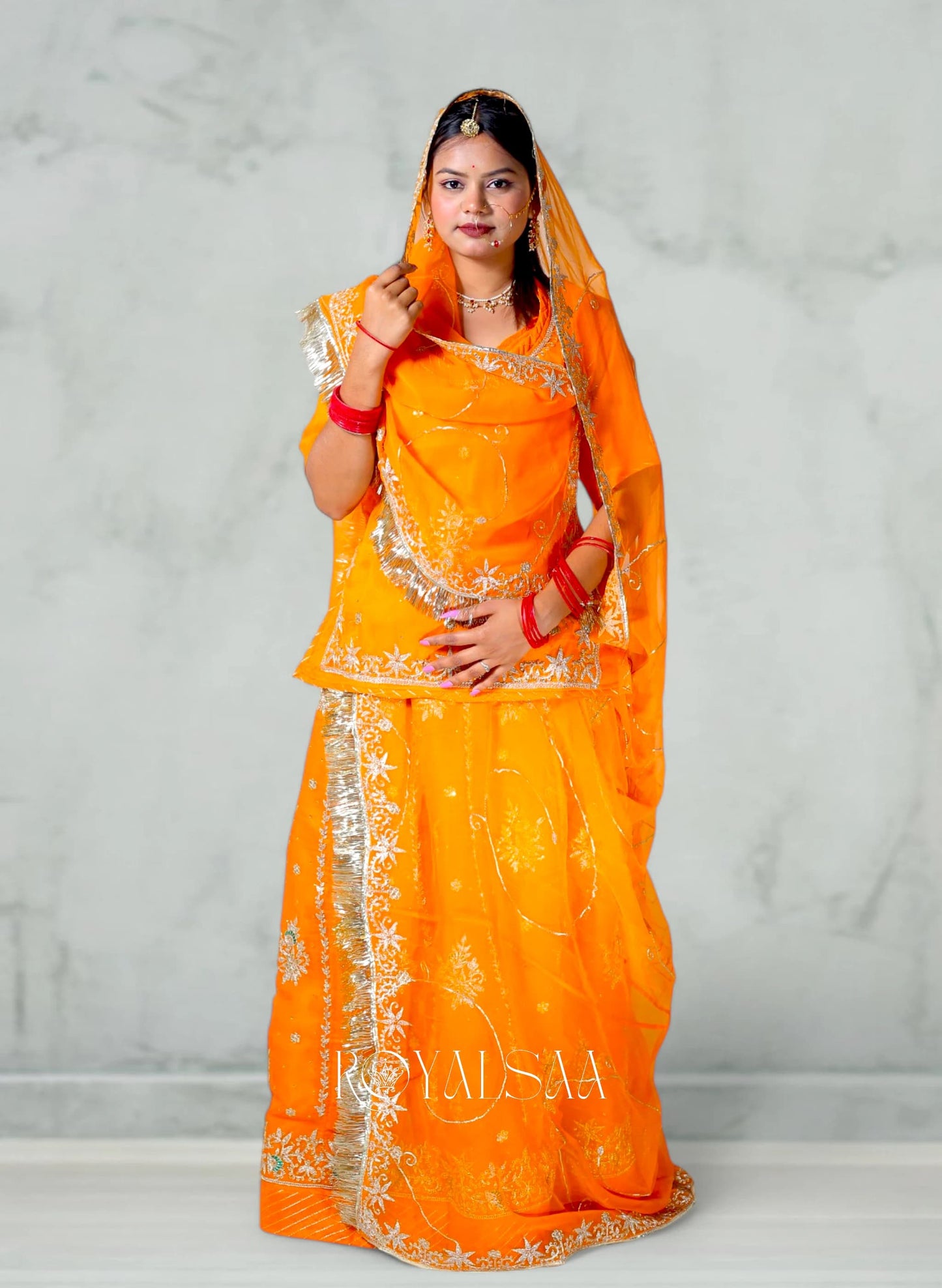 "Orange Chiffon Rajputi Poshak–  Resham"