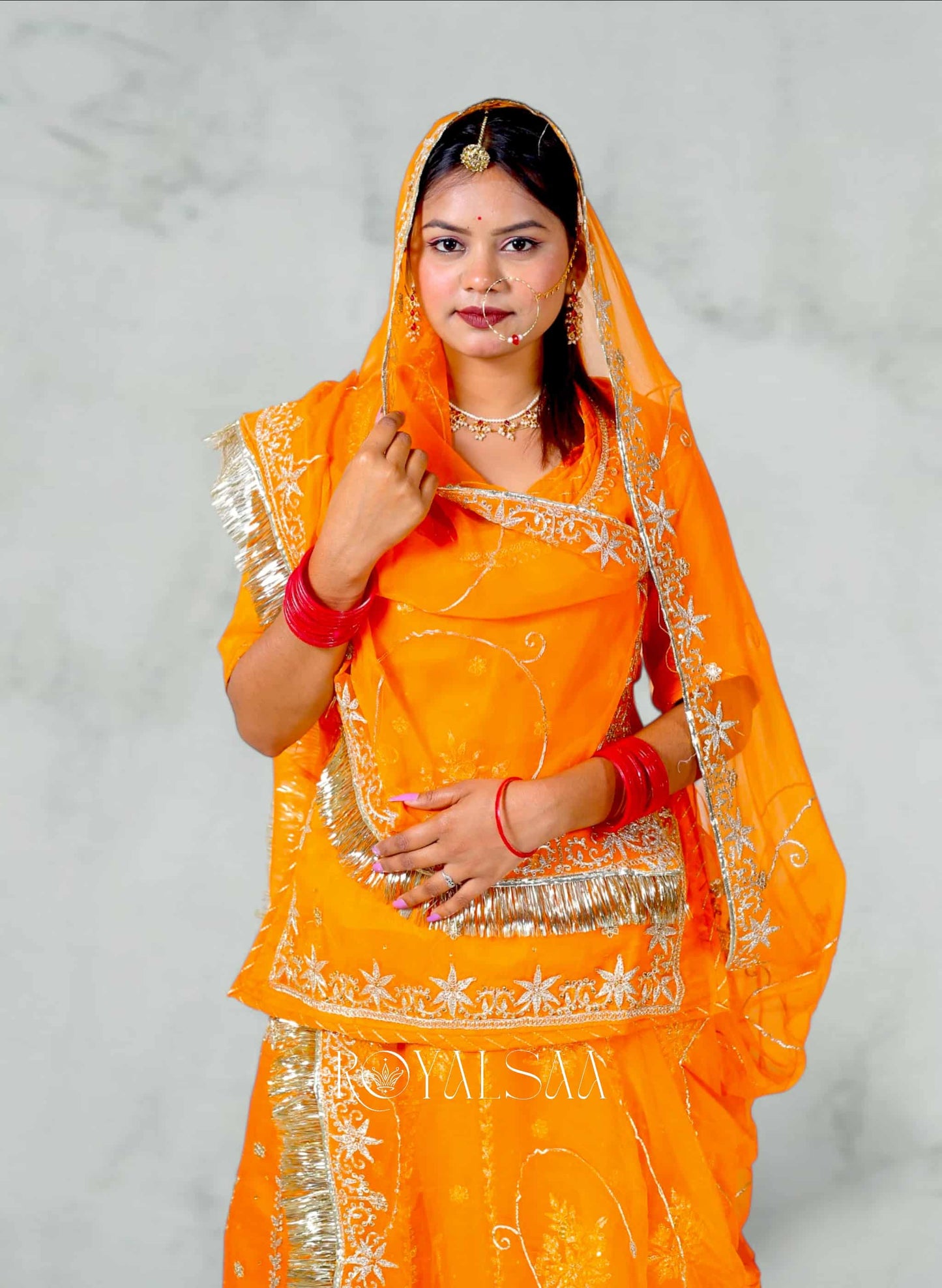 "Orange Chiffon Rajputi Poshak–  Resham"