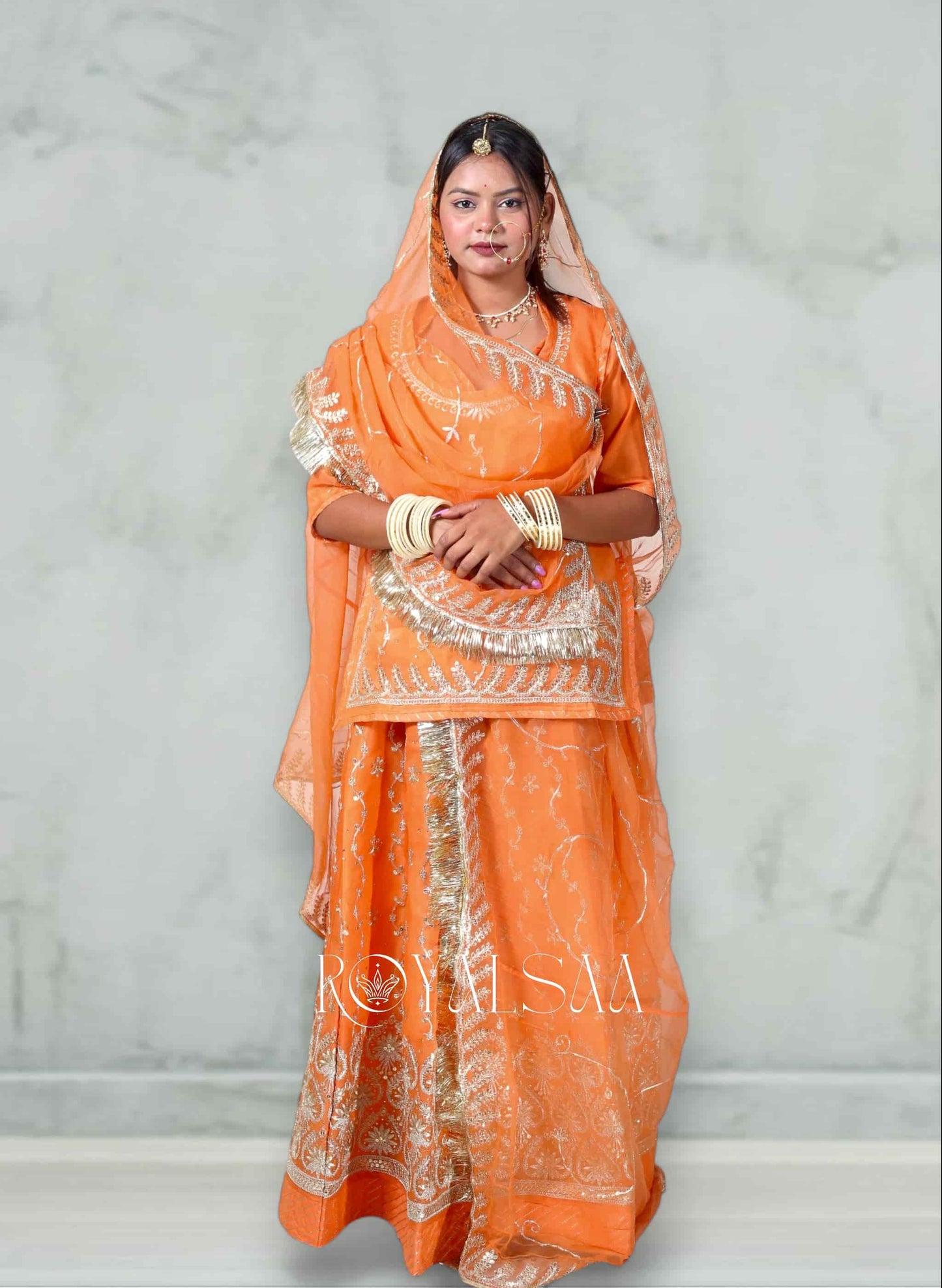 Rust Orange Chiffon Poshak with Zari & Resham Threads
