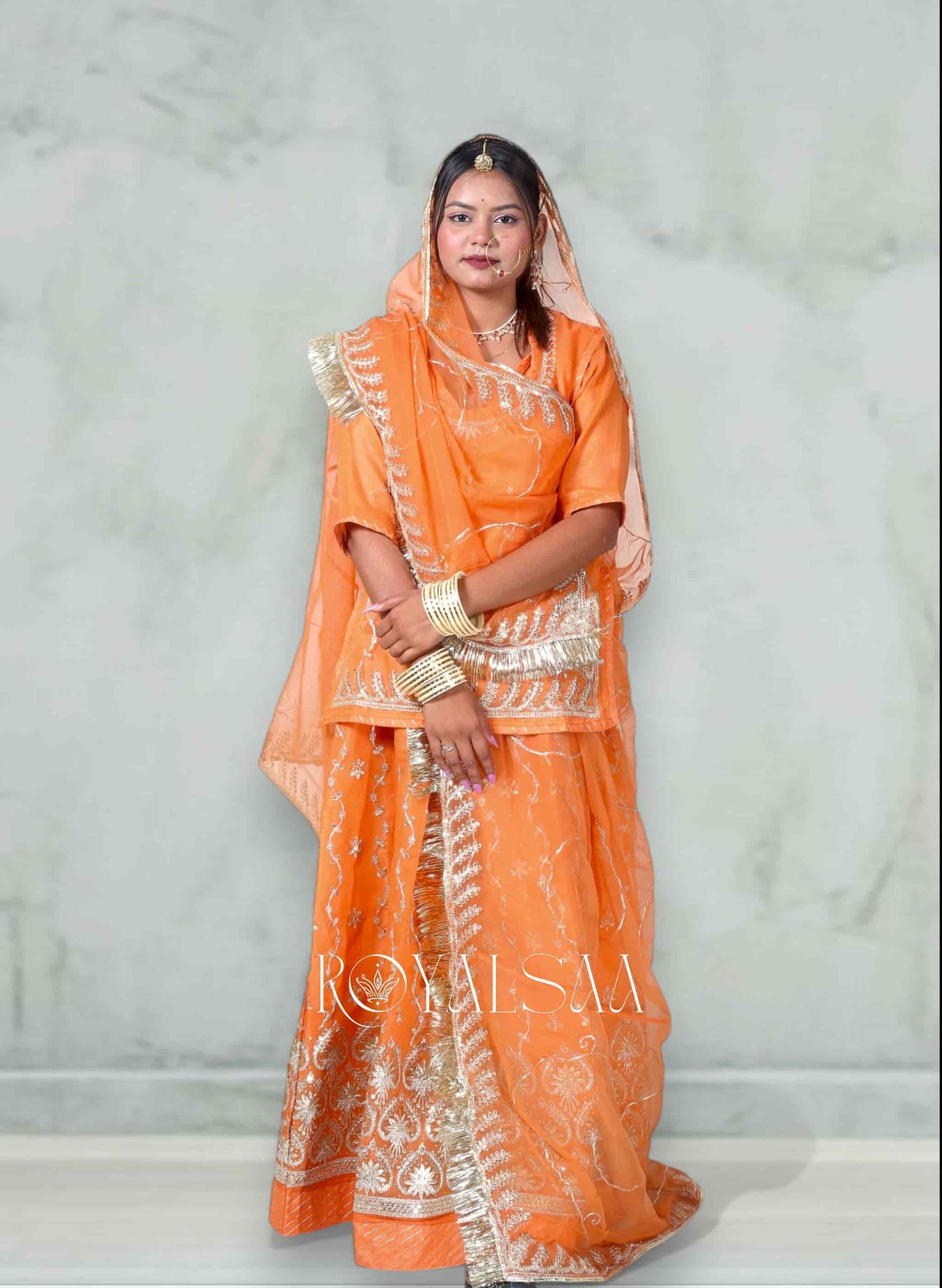 Rust Orange Chiffon Poshak with Zari & Resham Threads