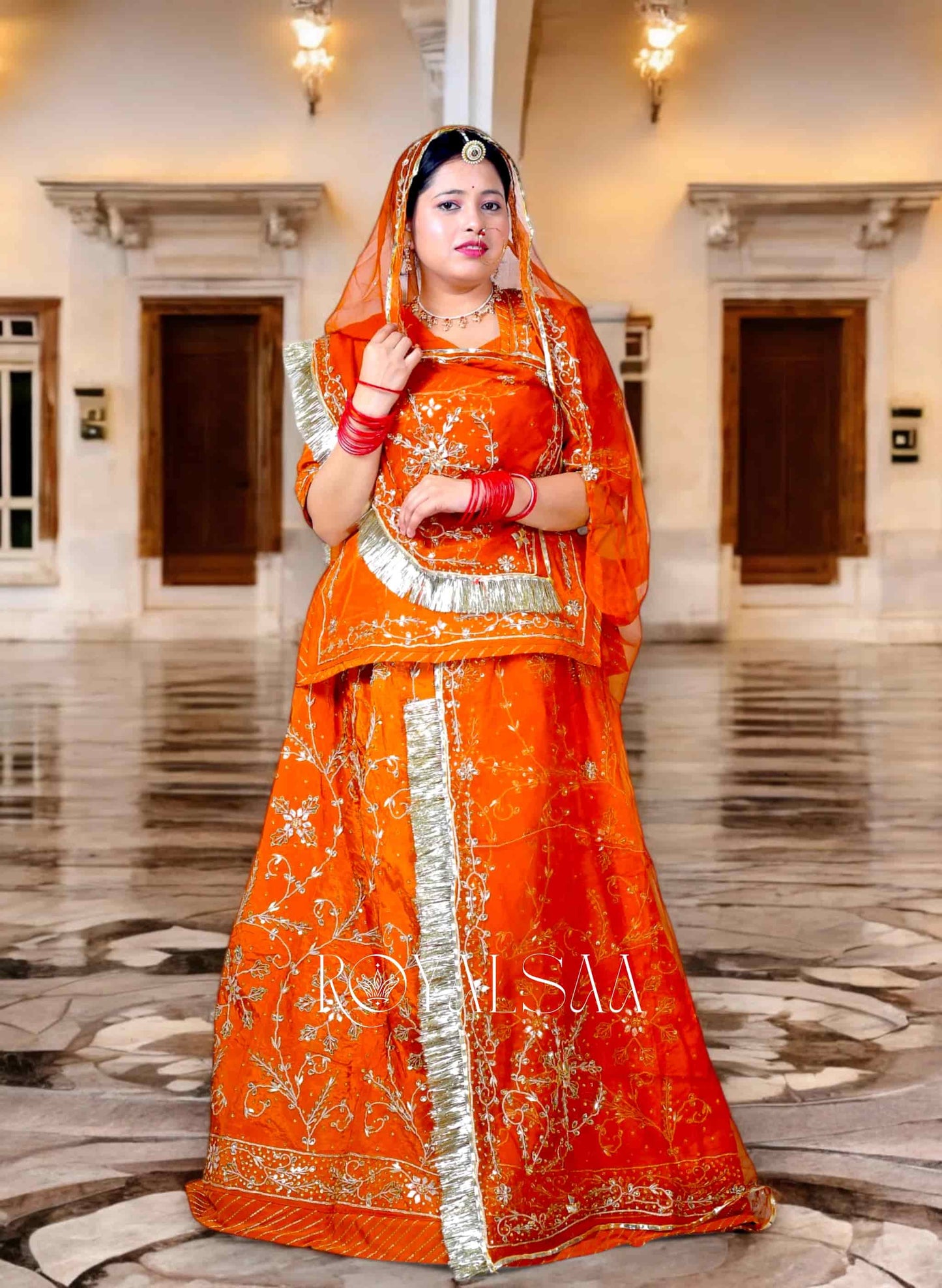 Rust Orange Rajputi Poshak – Crap Silk with Zardozi