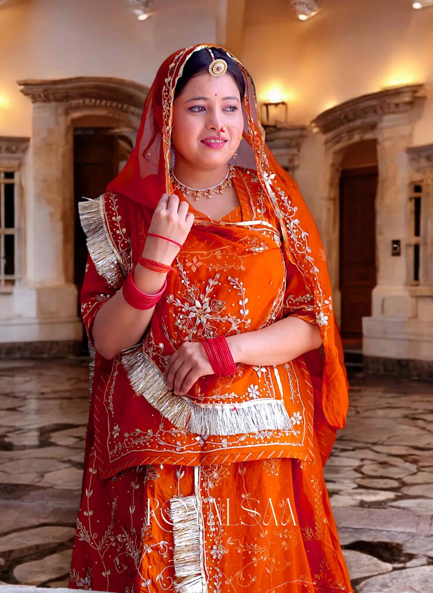 Rust Orange Rajputi Poshak – Crap Silk with Zardozi