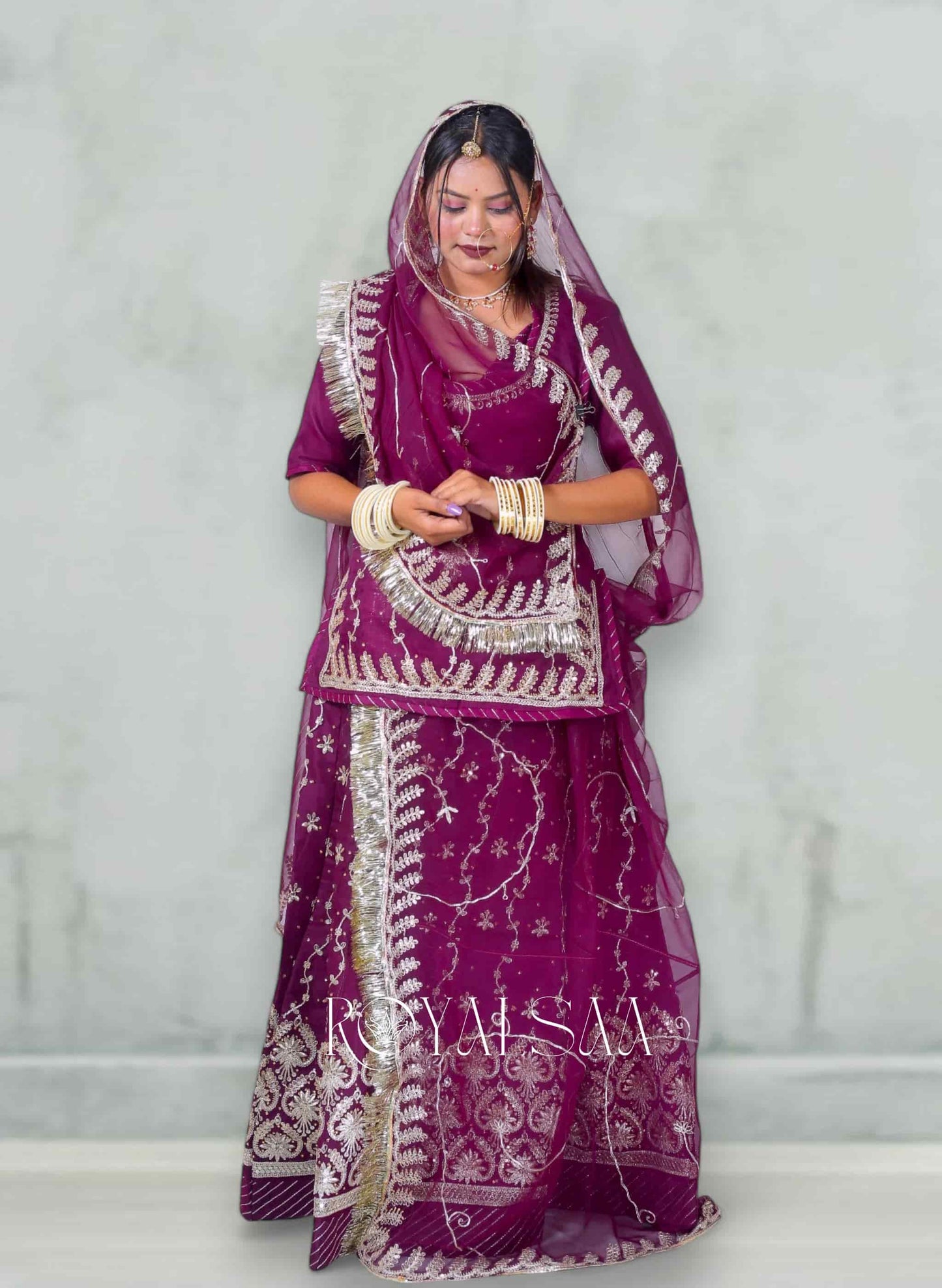 Wine Purple Chiffon Poshak with Zari & Kundan