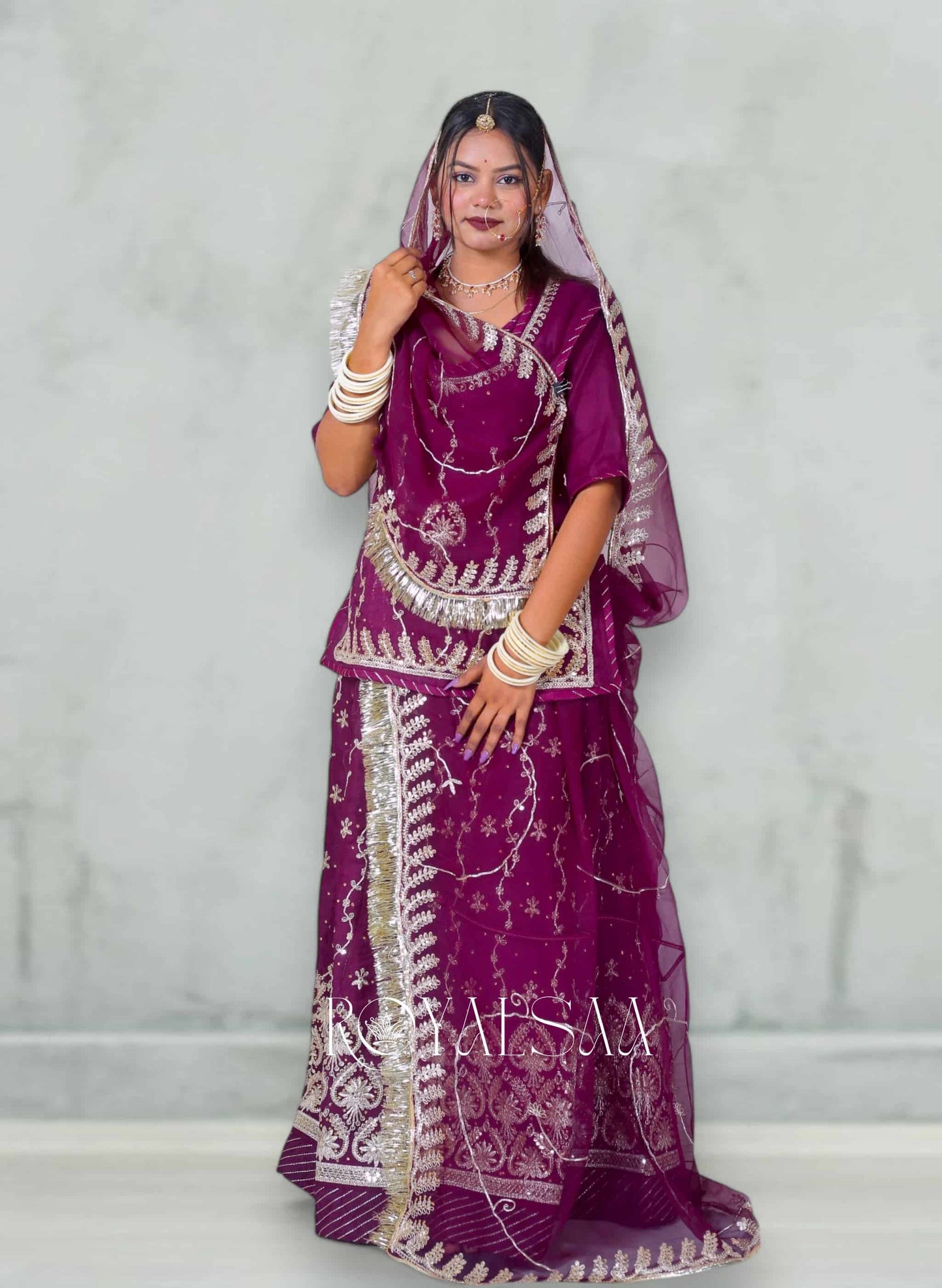 Wine Purple Chiffon Poshak with Zari & Kundan