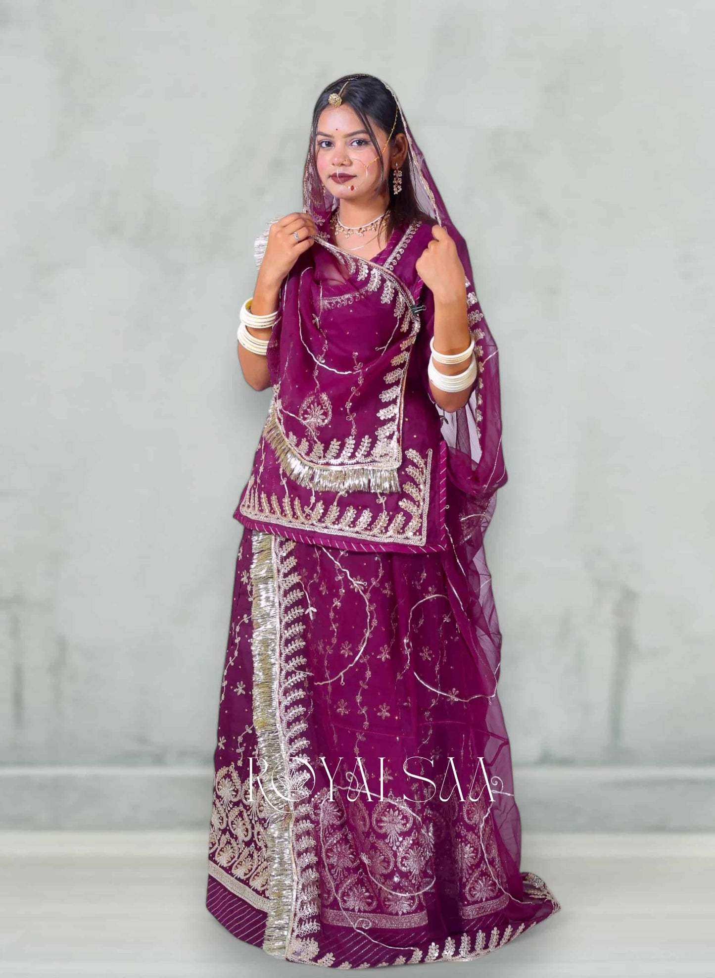 Wine Purple Chiffon Poshak with Zari & Kundan