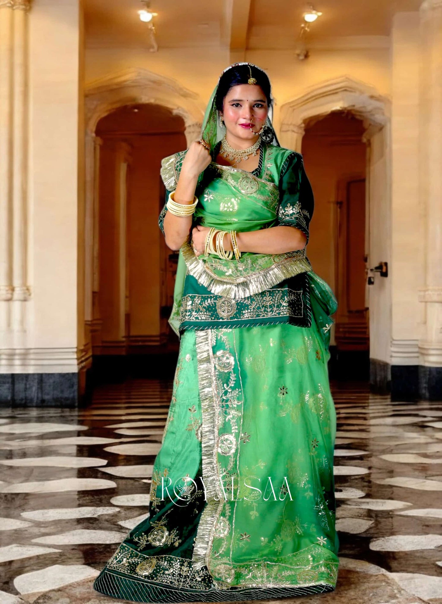 Royal Green Silk Rajputi Poshak – Gota & Kundan