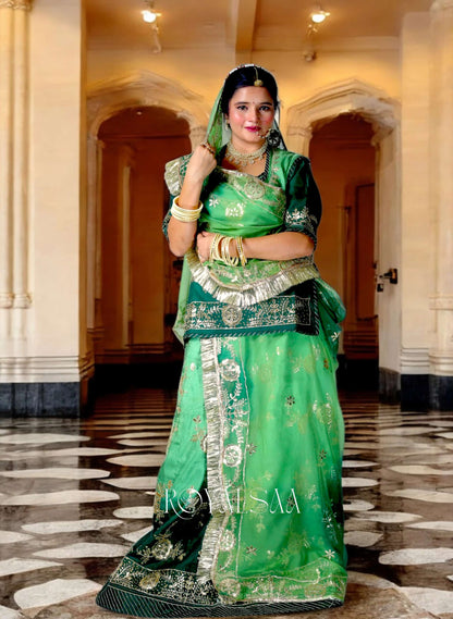 Royal Green Silk Rajputi Poshak – Gota & Kundan