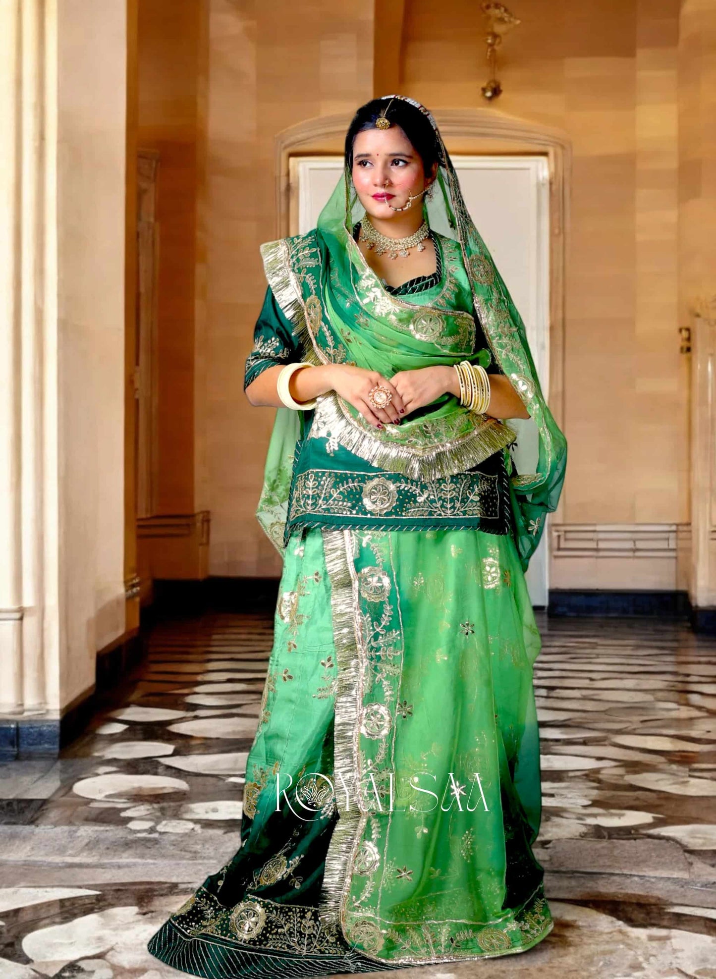 Royal Green Silk Rajputi Poshak – Gota & Kundan
