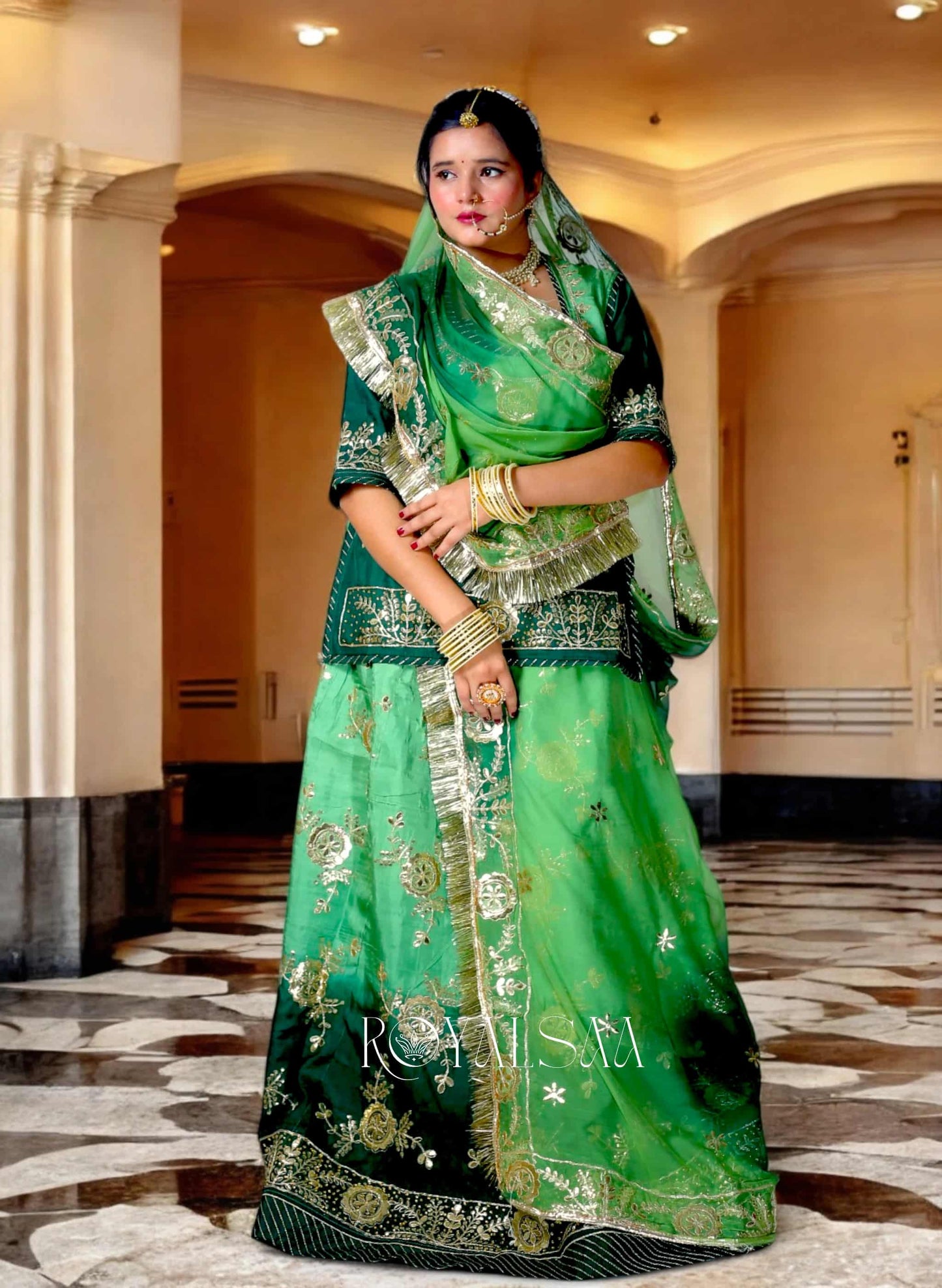 Royal Green Silk Rajputi Poshak – Gota & Kundan