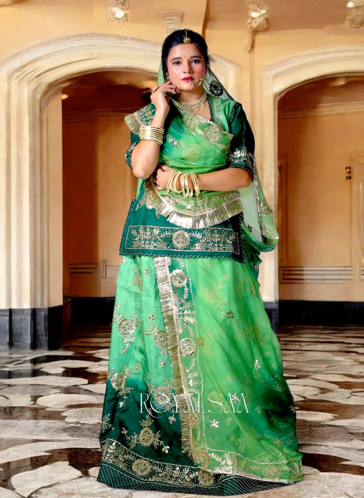 Royal Green Silk Rajputi Poshak – Gota & Kundan