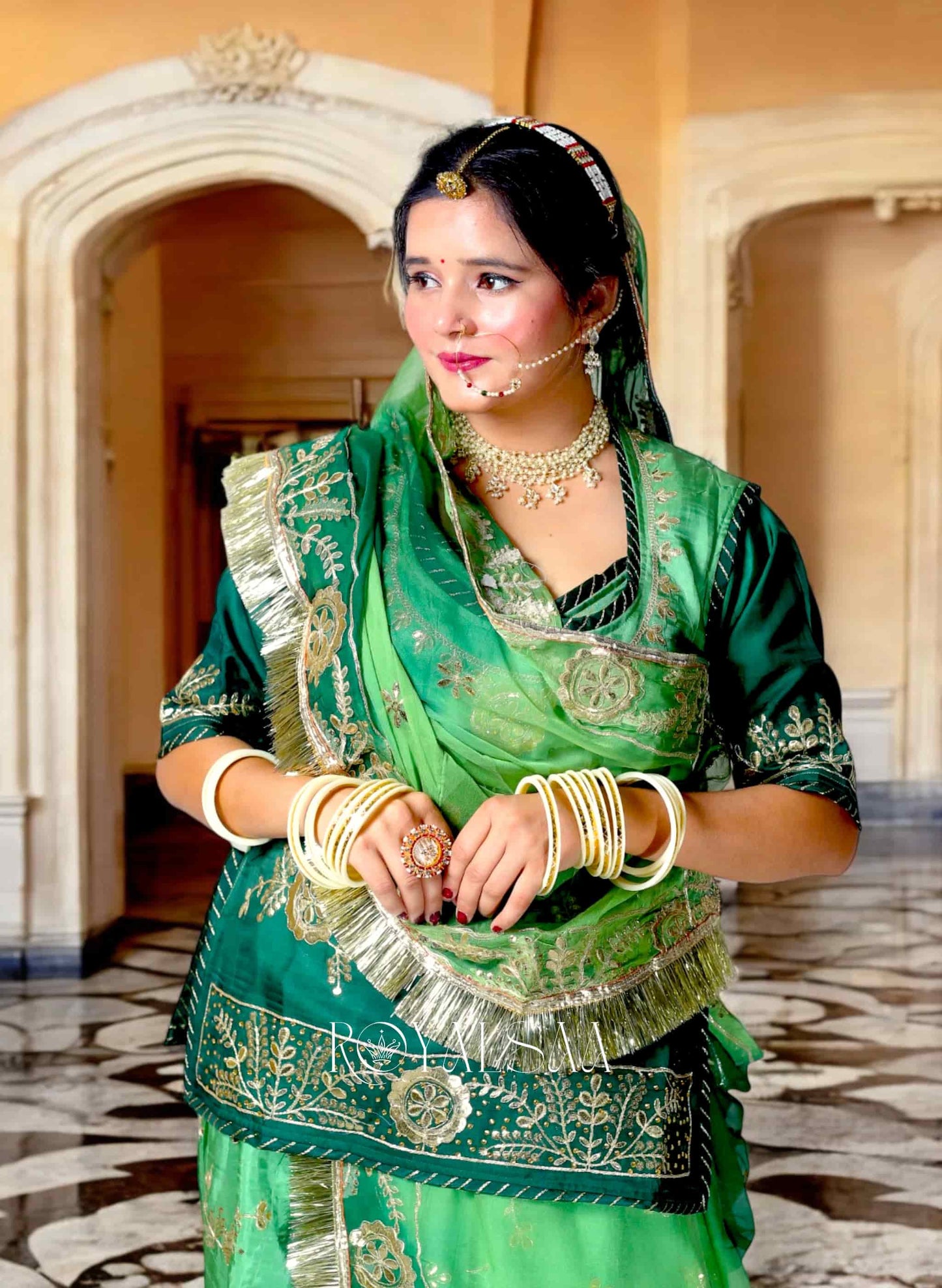 Royal Green Silk Rajputi Poshak – Gota & Kundan