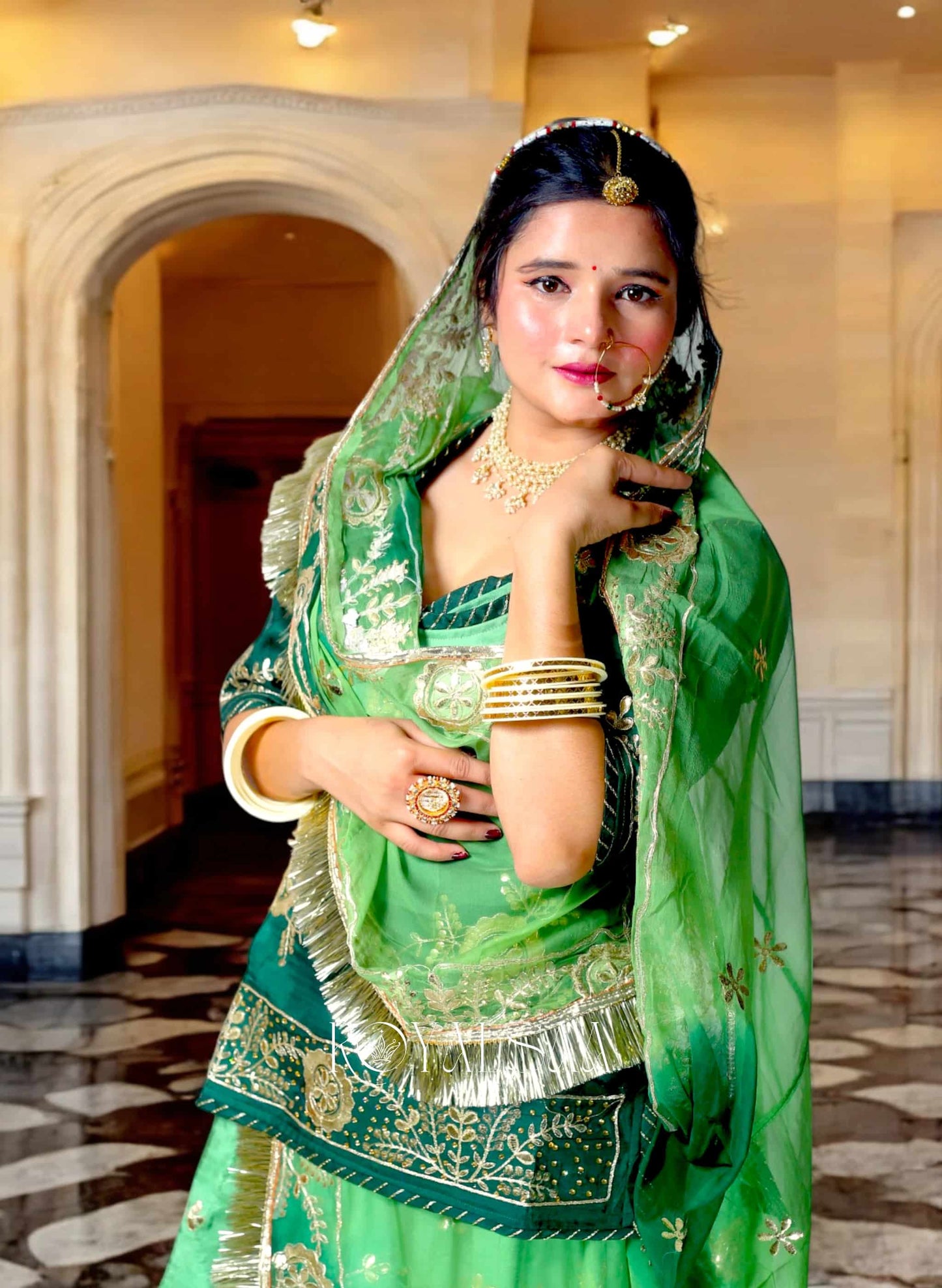 Royal Green Silk Rajputi Poshak – Gota & Kundan