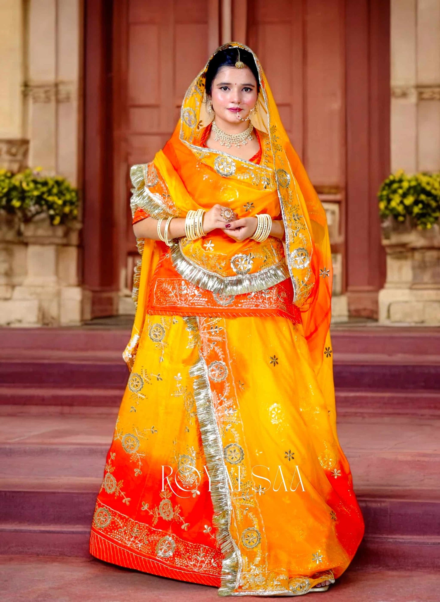 Sunset Silk Rajputi Poshak – Gota & Kundan