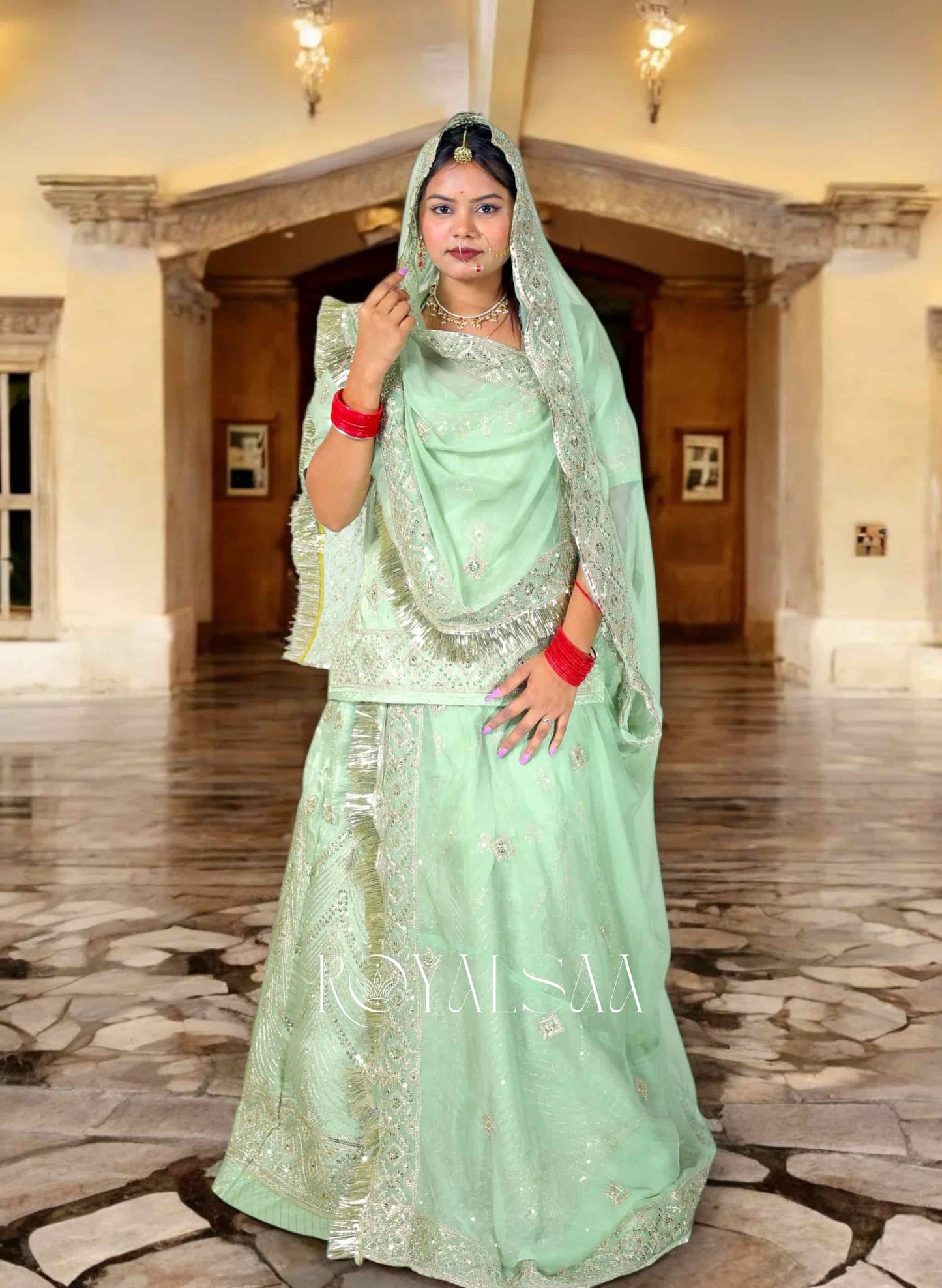 Mint Green Rajputi Poshak – Zari, Cutdana & Stone Work