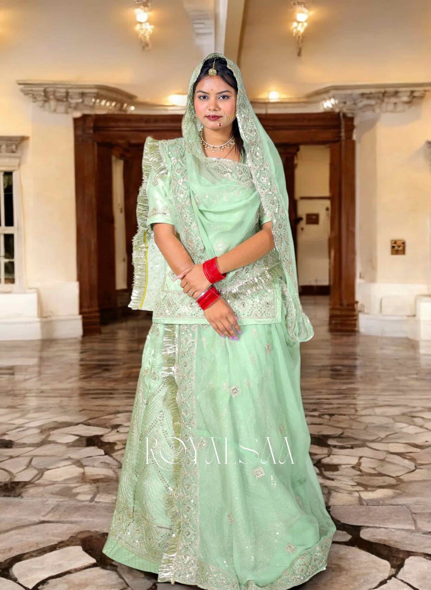 Mint Green Rajputi Poshak – Zari, Cutdana & Stone Work