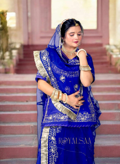 Royal Blue Rajputi Poshak – Silk with Zari & Chain Stitch Stone Work