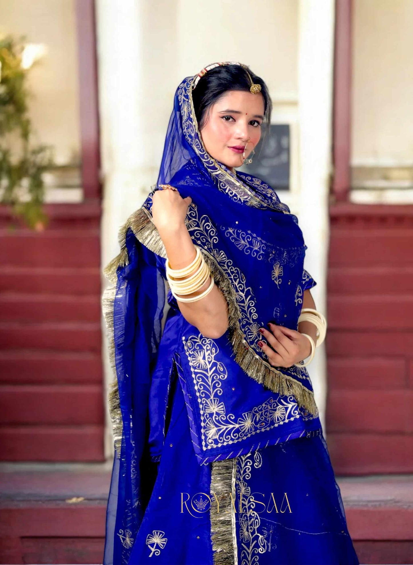 Royal Blue Rajputi Poshak – Silk with Zari & Chain Stitch Stone Work