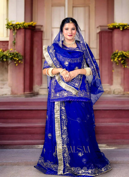 Royal Blue Rajputi Poshak – Silk with Zari & Chain Stitch Stone Work