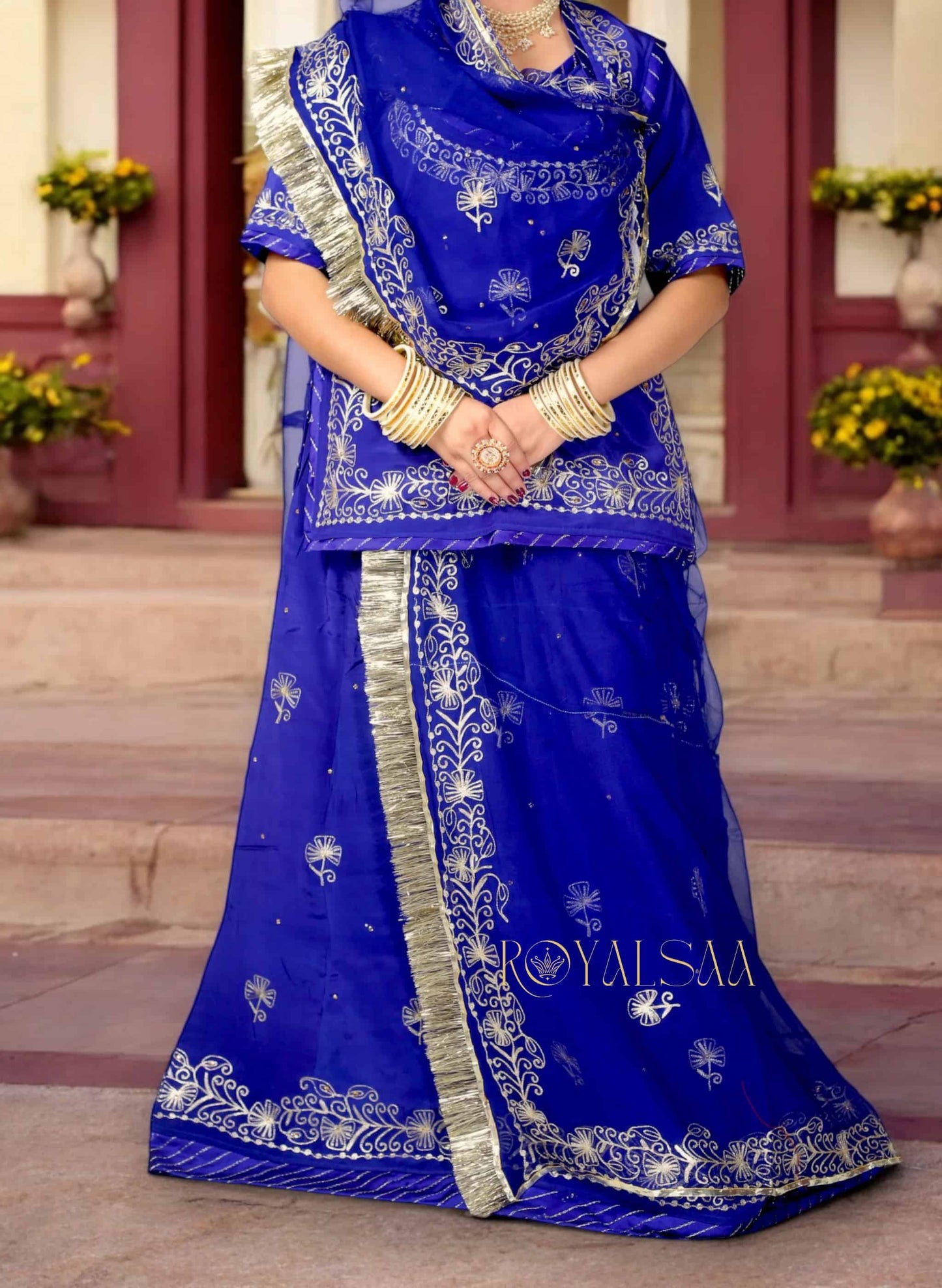 Royal Blue Rajputi Poshak – Silk with Zari & Chain Stitch Stone Work