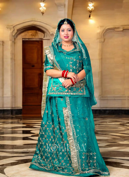 Firozi Rajputi Poshak – Satin with Zardozi & Gota Stone Work