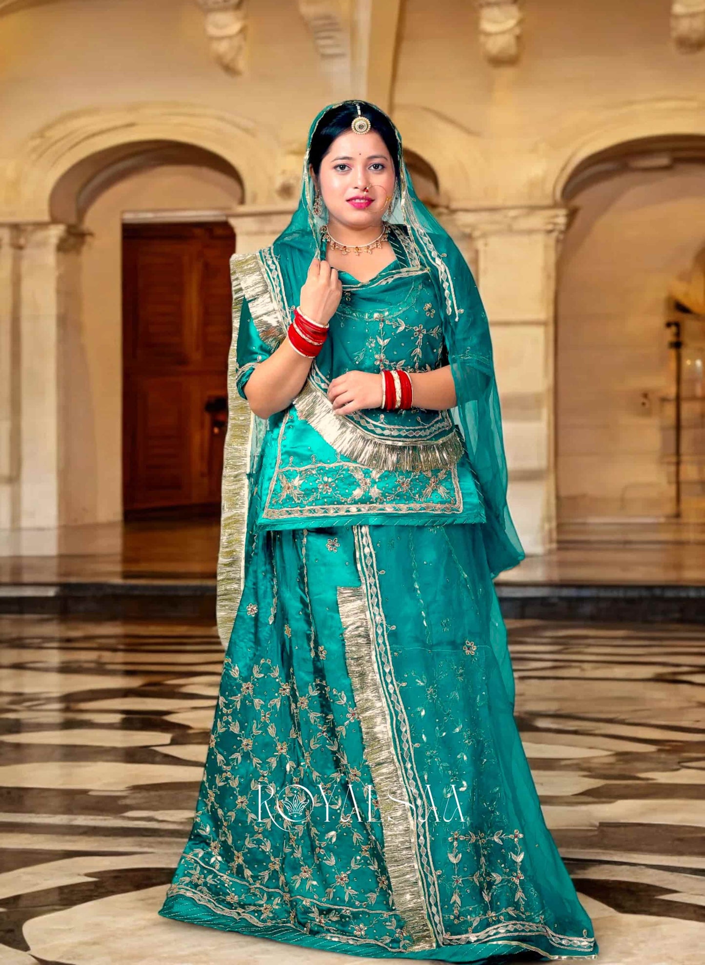 Firozi Rajputi Poshak – Satin with Zardozi & Gota Stone Work